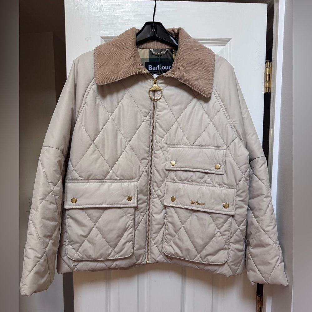 Barbour Quilted Puffer Jacket in Beige with Tan Corduroy Collar